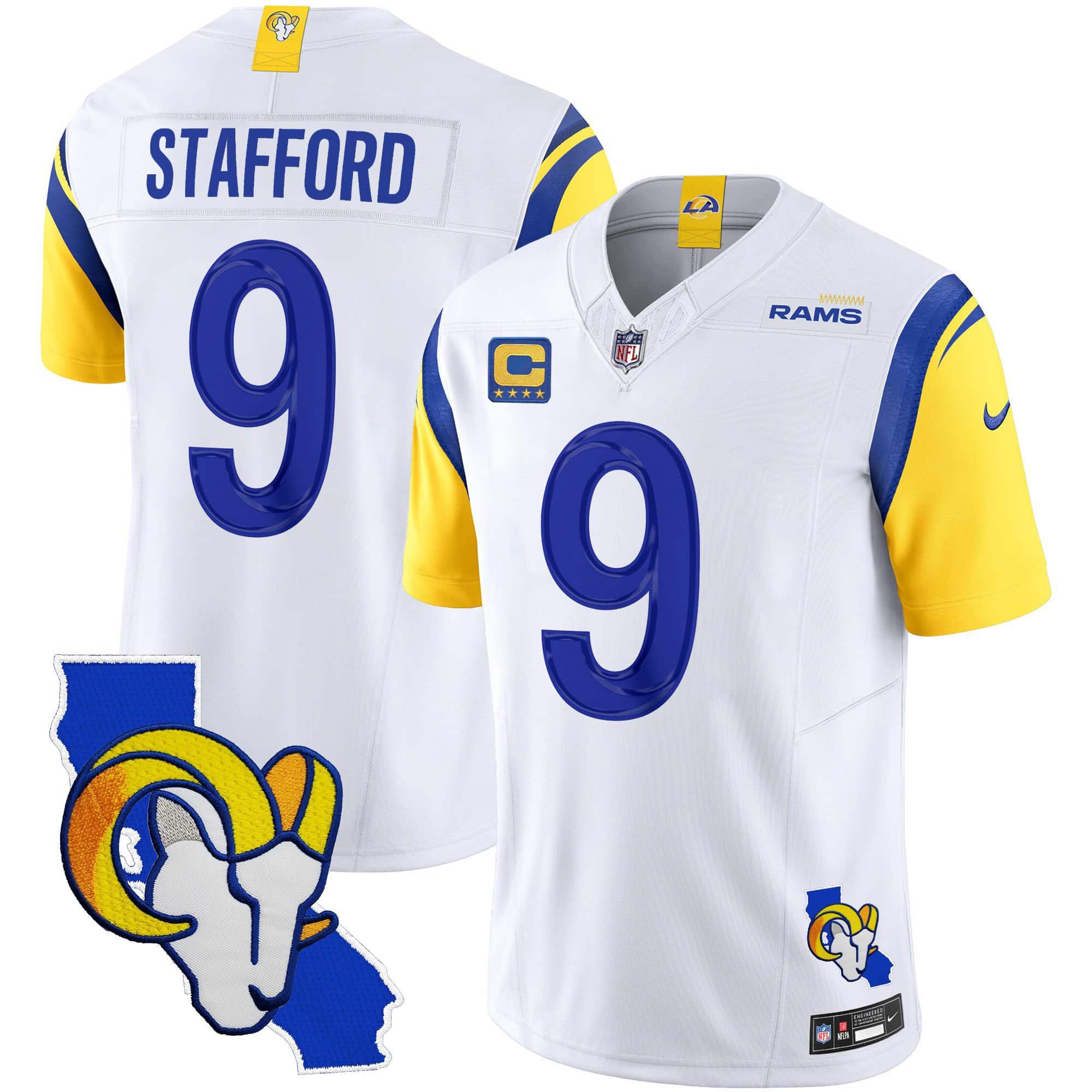 Men Los Angeles Rams 9 Stafford White 2024 Nike California Patch Vapor Limited NFL Jersey